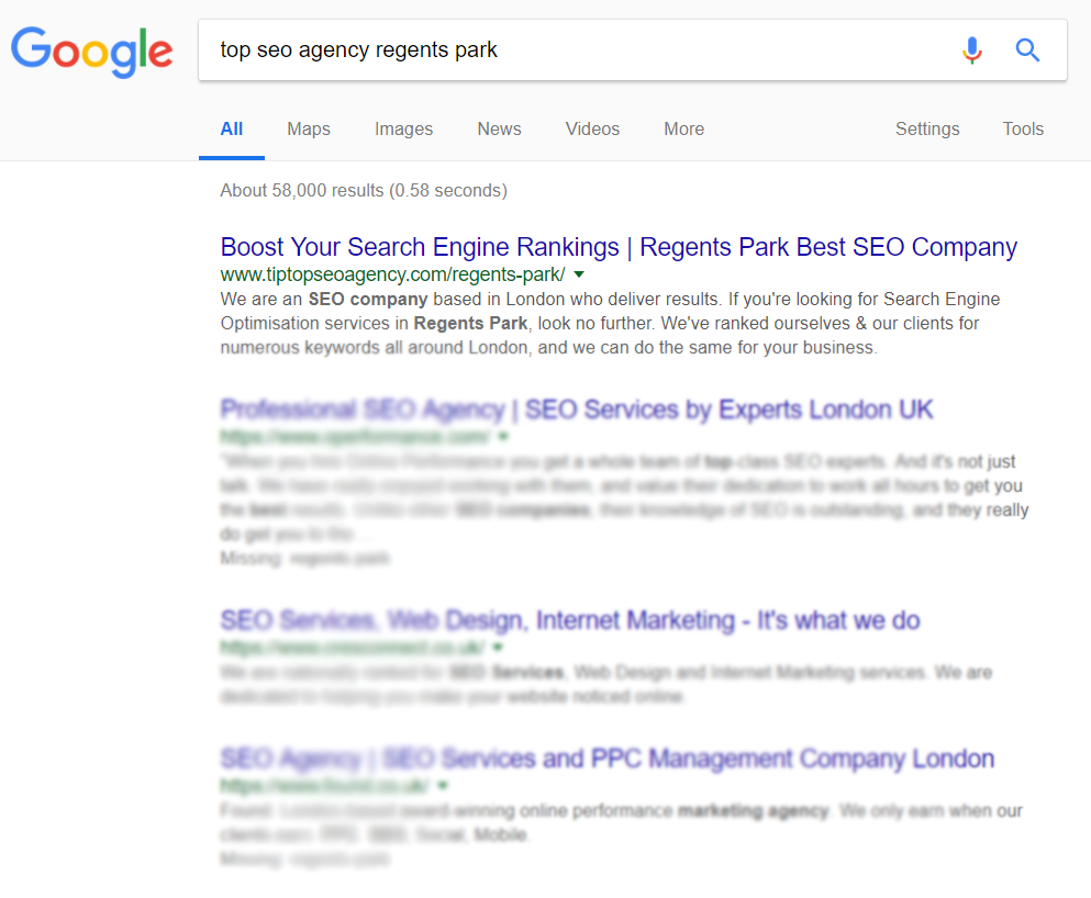 Proof of SEO Ranking in London Regents Park