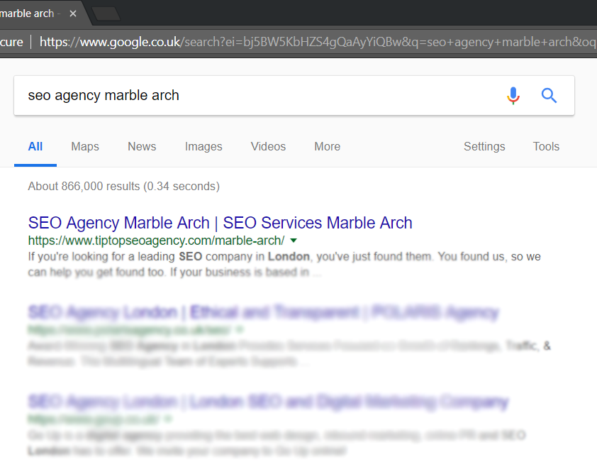 SEO Marble Arch screen capture of #1 ranking for SEO agency Marble Arch