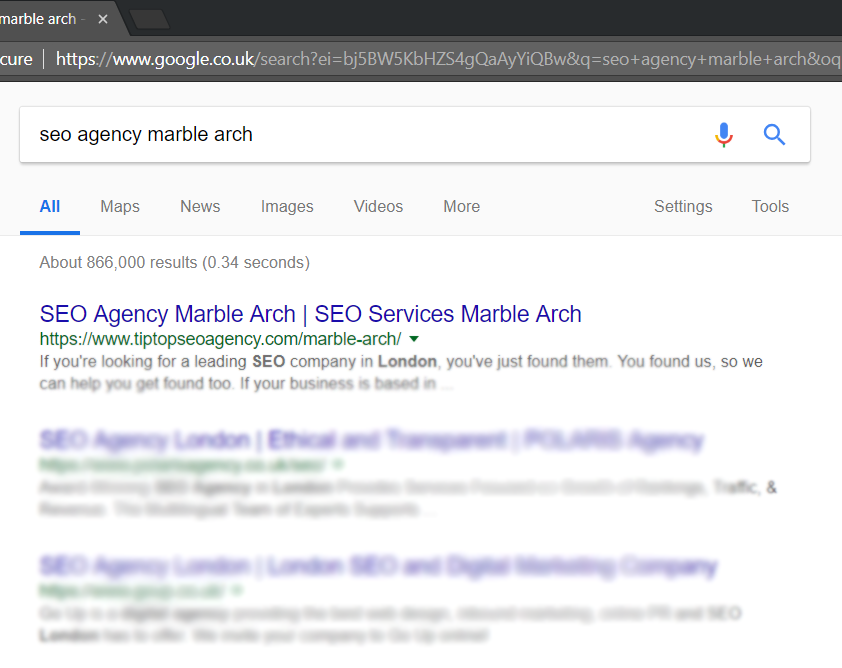 screen capture of #1 ranking for SEO agency Marble Arch